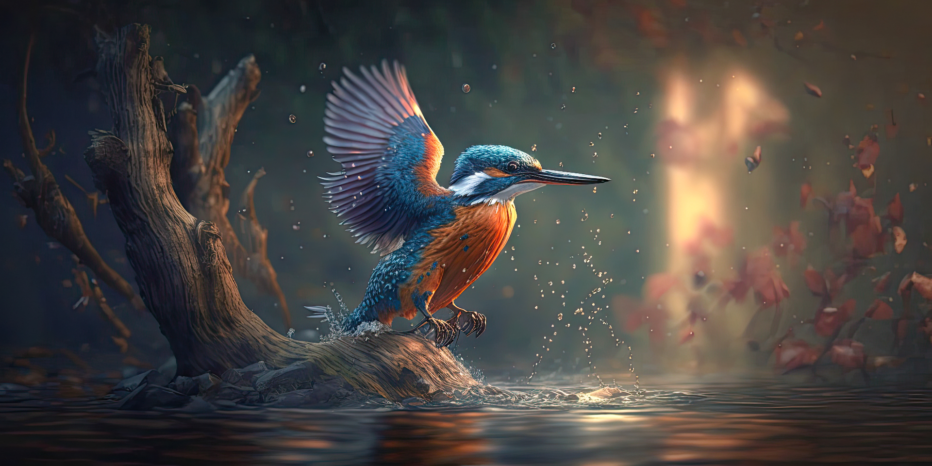 A kingfisher lifting from the surface of a river at dusk, wings spread, water beading off its feathers — the exact instant of attention meeting water.