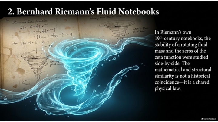 An aged notebook page with zeta-function calculations and sketches of rotating fluid masses, with a luminous vortex rising from it.