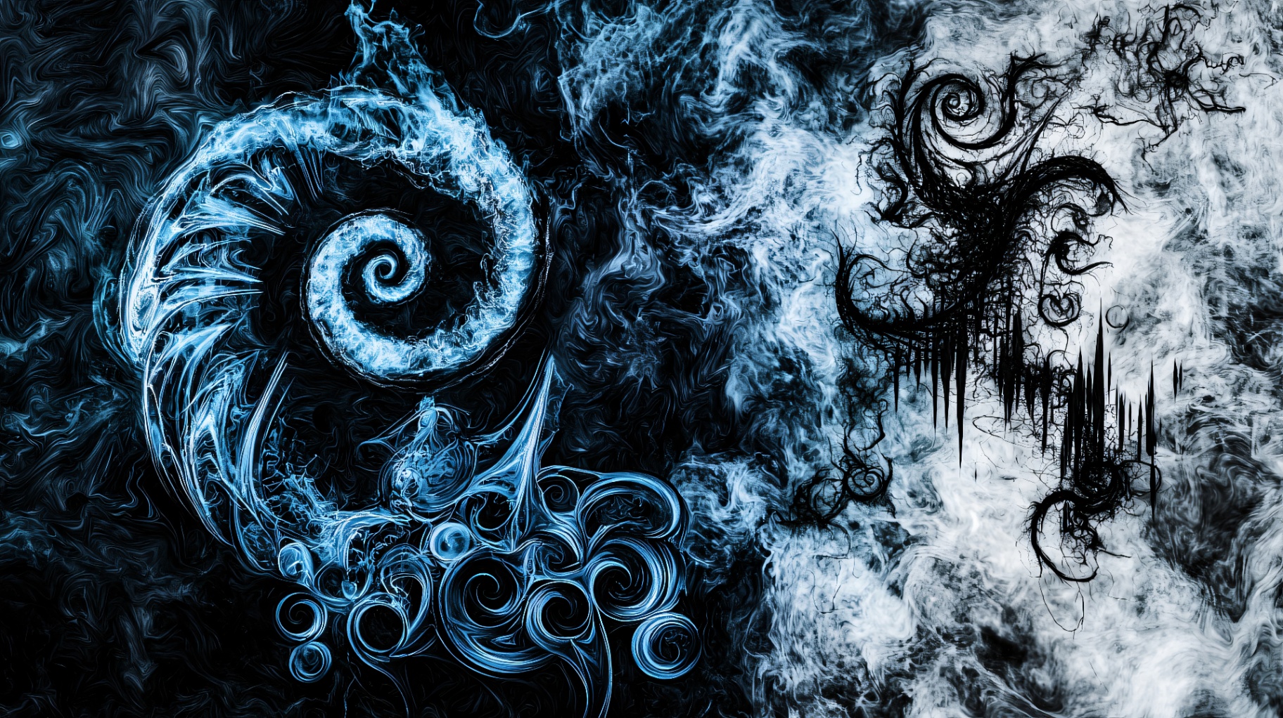 A luminous blue spiral on the left dissolving into black tendrils of decay on the right — the two views the Parallax Identity holds simultaneously.