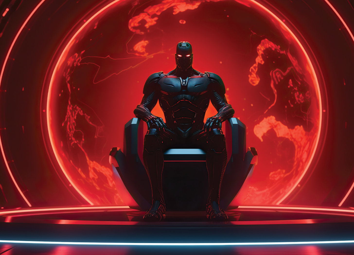 Artist's rendering: an armored robot enthroned before a glowing red holographic globe — the feared vision of machine dominion.