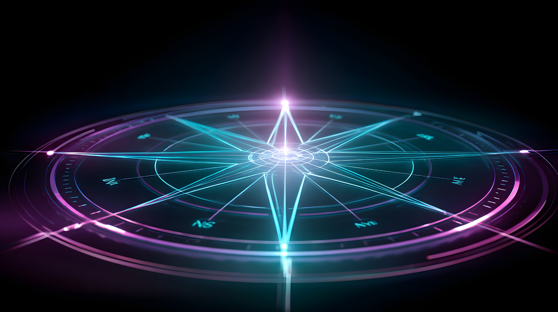 A luminous compass rose rendered in cyan and magenta light, its radial lines converging on a bright centre — the cover motif for Inner Direction.