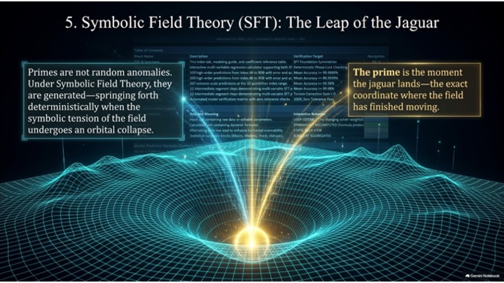 A blue wireframe field surface with a deep central well and a golden trajectory arcing into it, titled Symbolic Field Theory: The Leap of the Jaguar.