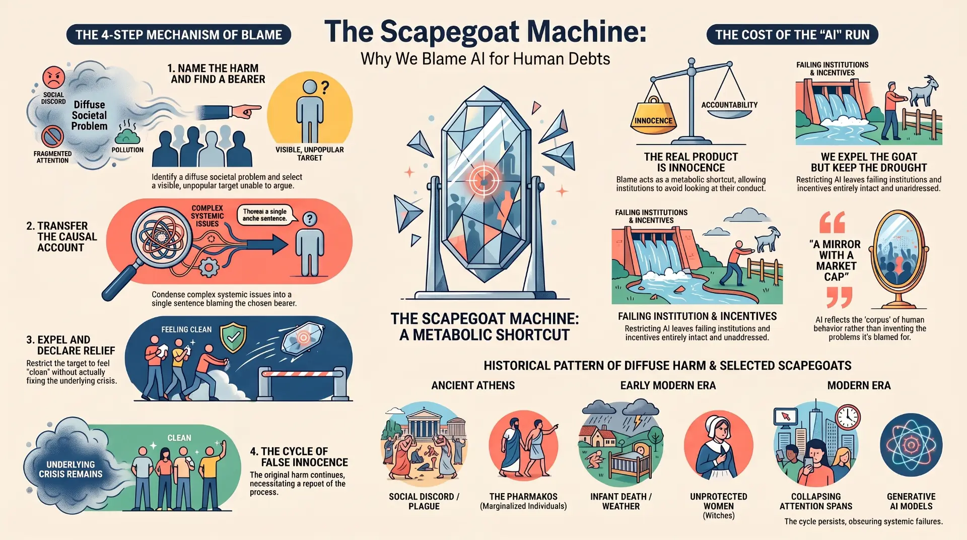 Infographic: the four-step mechanism of blame, the scapegoat machine as a metabolic shortcut, the cost of the AI run, and a historical pattern of diffuse harms and selected scapegoats.