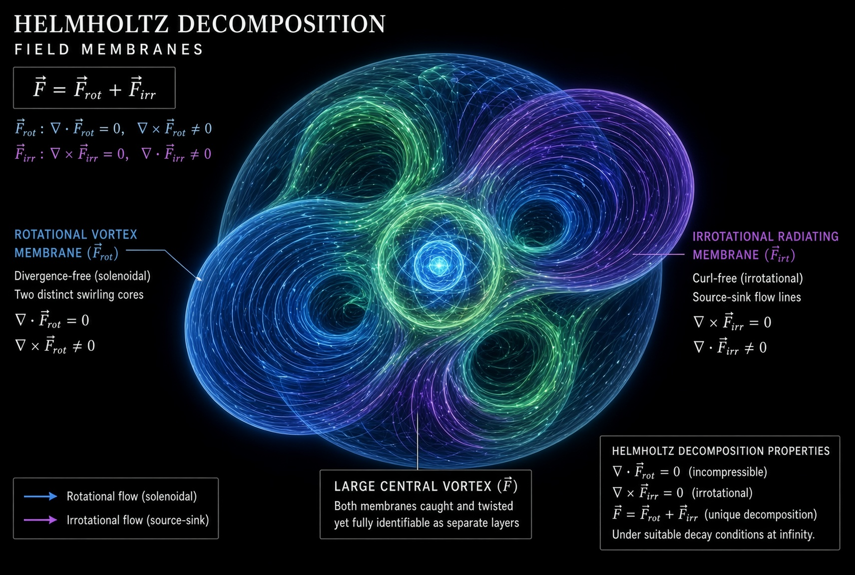 Two interlaced luminous field membranes: a blue rotational vortex membrane carrying divergence-free swirling flow, and a violet irrotational radiating membrane carrying source-sink flow, caught together in one large central vortex yet identifiable as separate layers