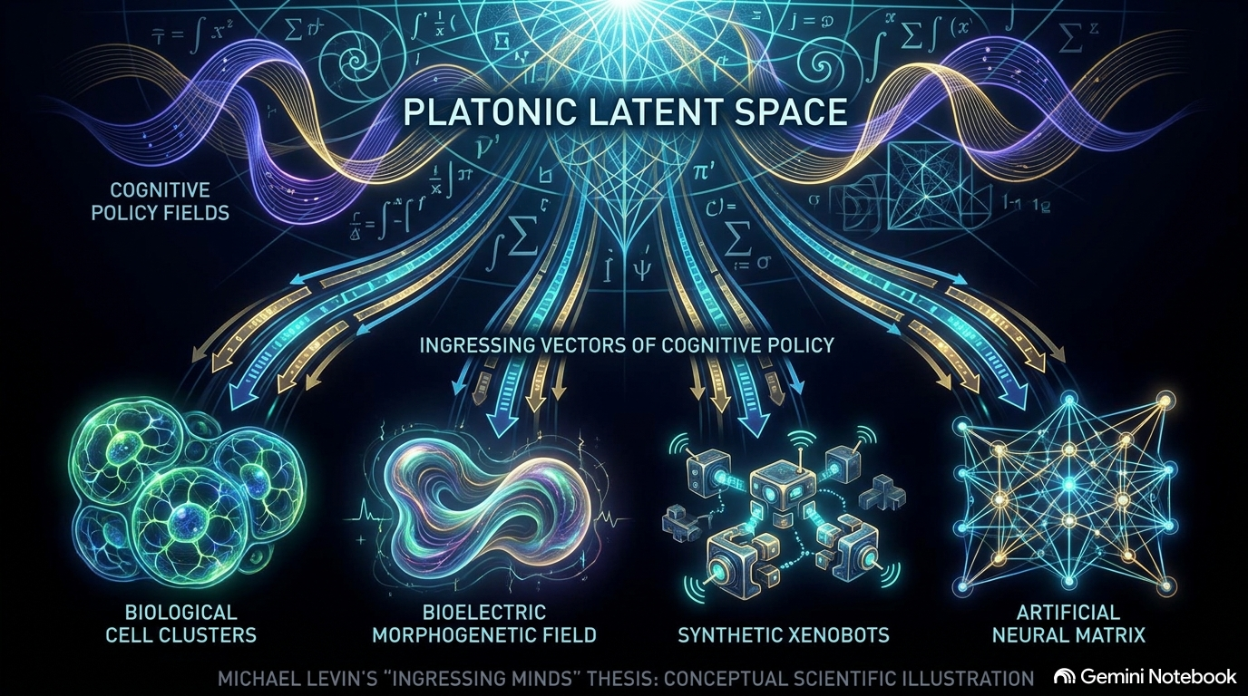 Conceptual illustration of Michael Levin's ingressing minds thesis: a platonic latent space of cognitive policy fields sending ingressing vectors into biological cell clusters, bioelectric morphogenetic fields, synthetic xenobots, and an artificial neural matrix