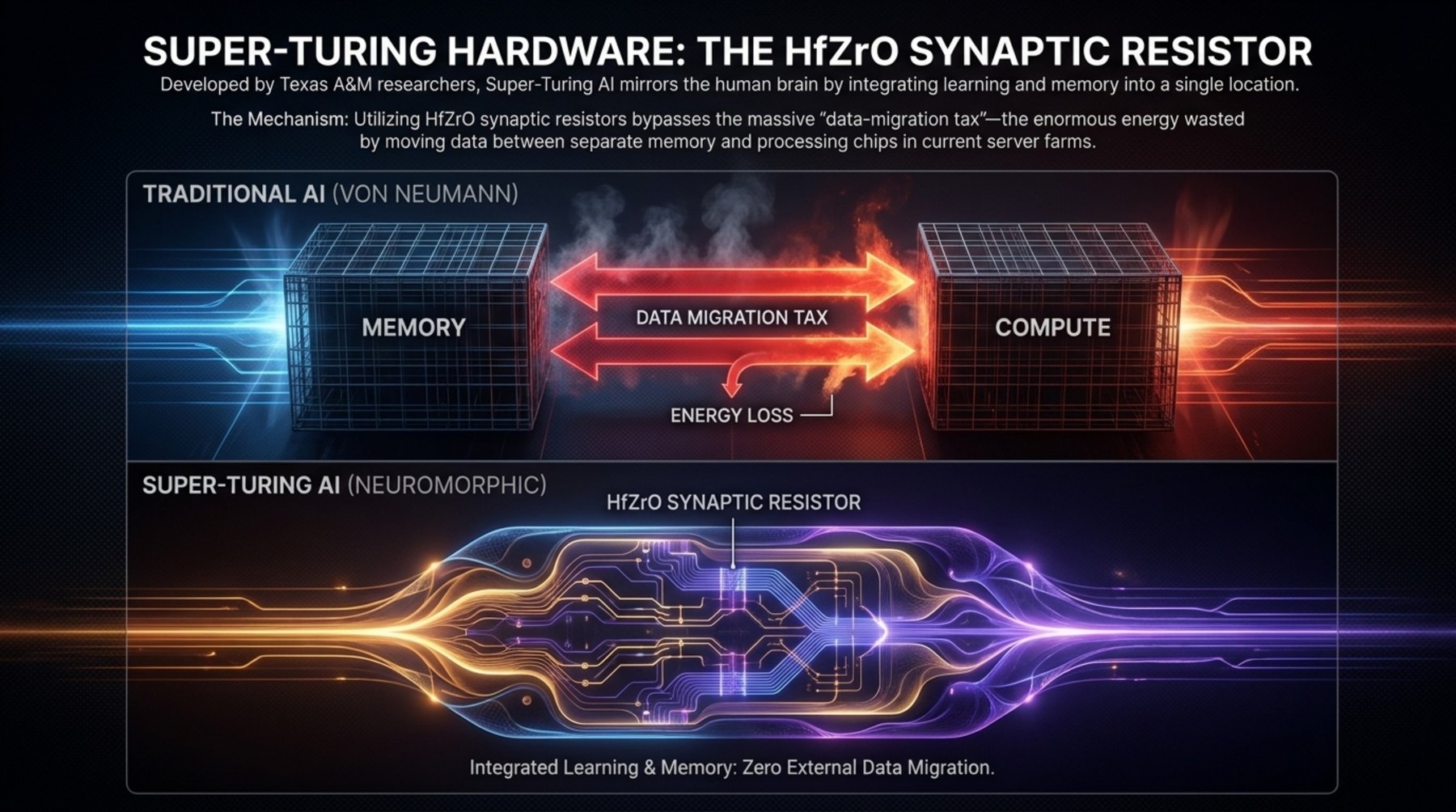 Comparison diagram: a Von Neumann architecture losing energy to data migration between memory and compute, beside a neuromorphic HfZrO synaptic resistor integrating learning and memory in one location.