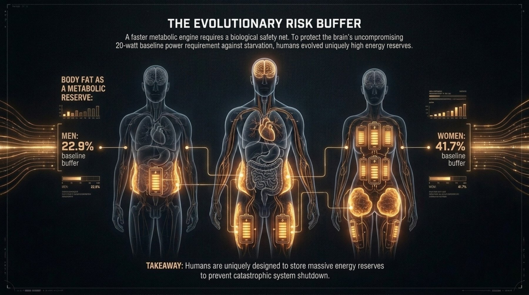 Infographic of human body-fat reserves shown as battery icons: men at 22.9 per cent baseline buffer, women at 41.7 per cent.
