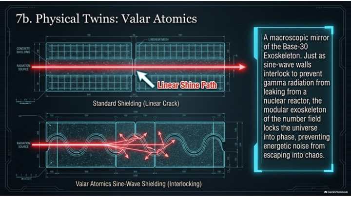 Two shielding diagrams: standard slab shielding with a straight linear shine path through the seam, and interlocking sine-wave shielding where the beam scatters.