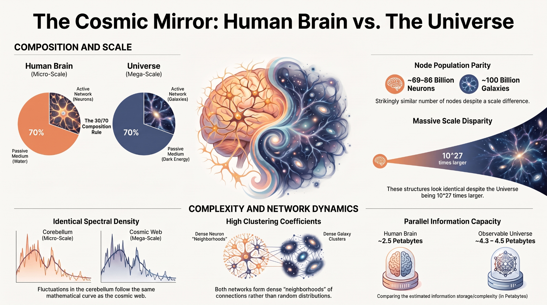 The Cosmic Mirror infographic: side-by-side comparison of human brain and observable universe across composition, node population, scale disparity, spectral density, clustering, and information capacity.