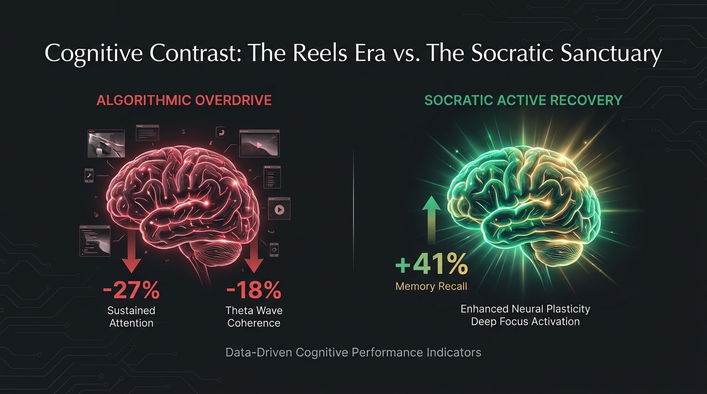 Two-panel comparison chart: heavy short-form video use associated with a 27% drop in sustained attention and an 18% drop in theta-wave coherence, versus a 41% memory-recall improvement under structured recovery intervals