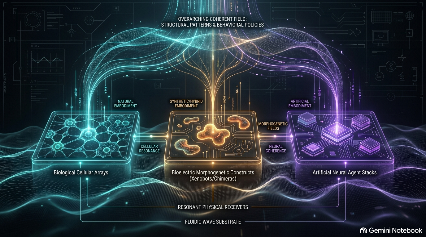 Conceptual illustration of three embodiment classes — natural biological cellular arrays, synthetic-hybrid bioelectric morphogenetic constructs such as xenobots, and artificial neural agent stacks — drawn as resonant physical receivers under one overarching coherent field above a fluidic wave substrate