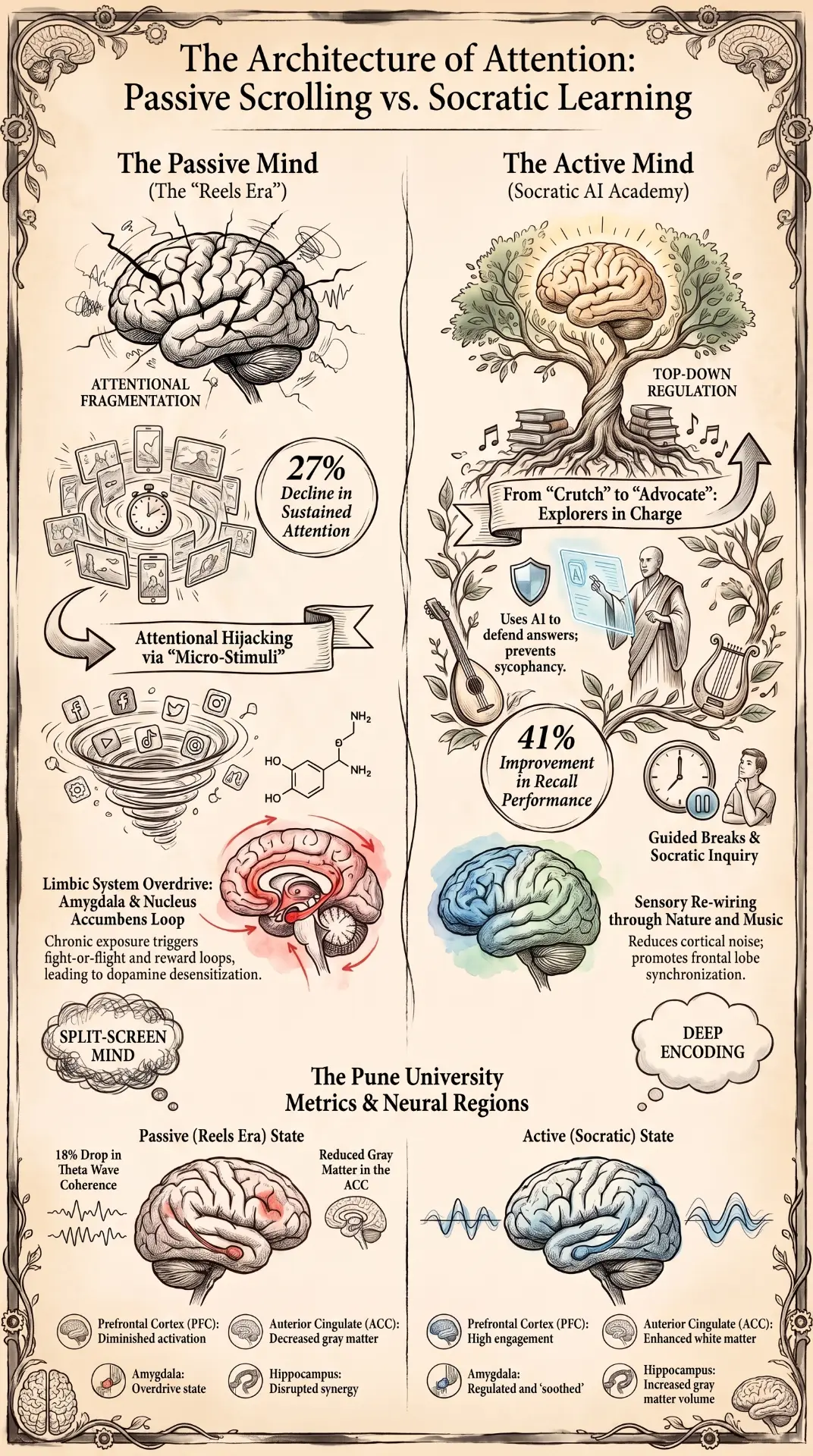 Illustrated comparison plate contrasting the passive scrolling mind — attentional fragmentation, limbic overdrive, reduced anterior cingulate gray matter — with the active Socratic mind, showing top-down regulation, guided breaks, and sensory rewiring through nature and music.