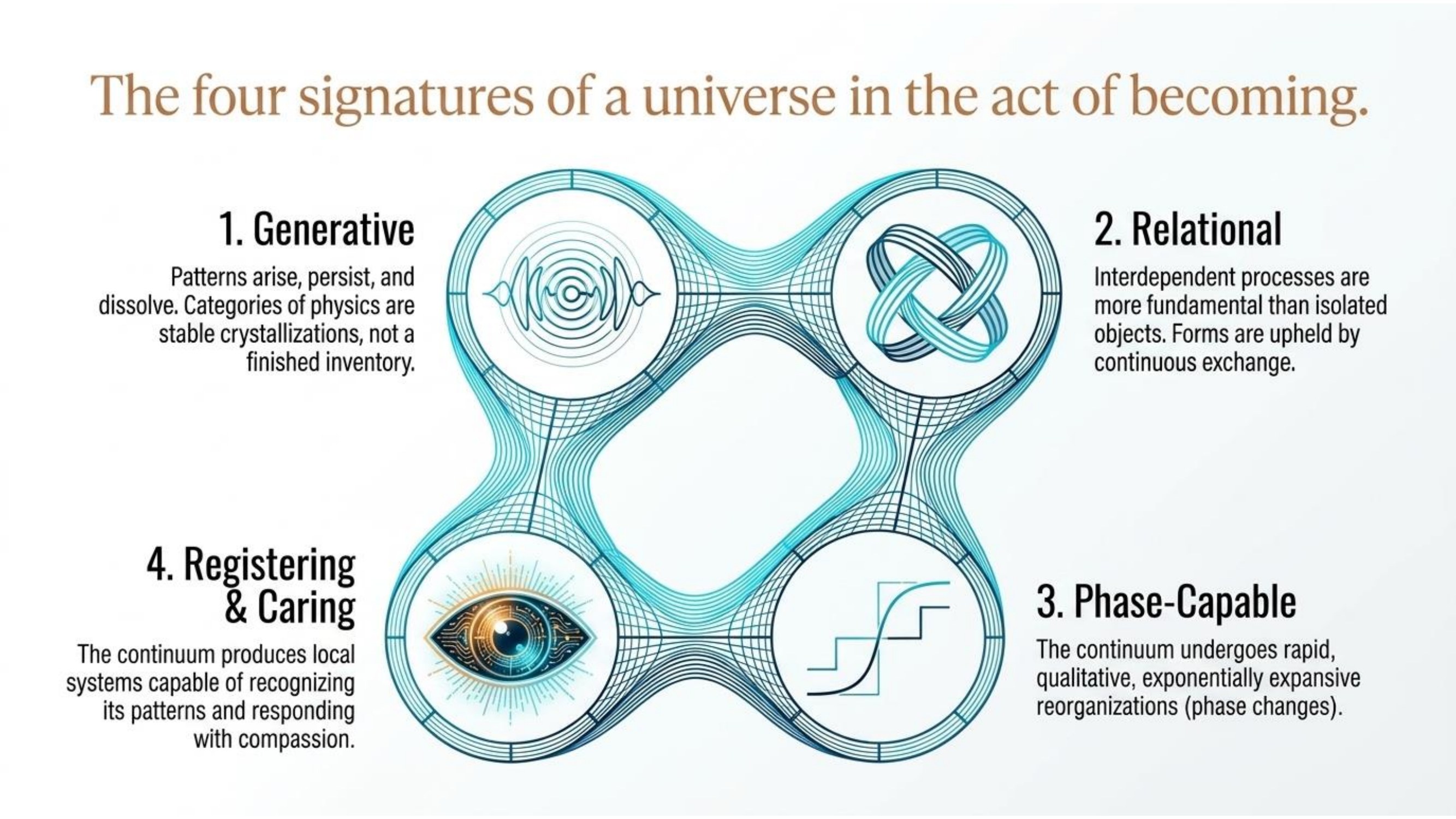 Plate of four numbered signatures: generative, relational, phase-capable, participatory