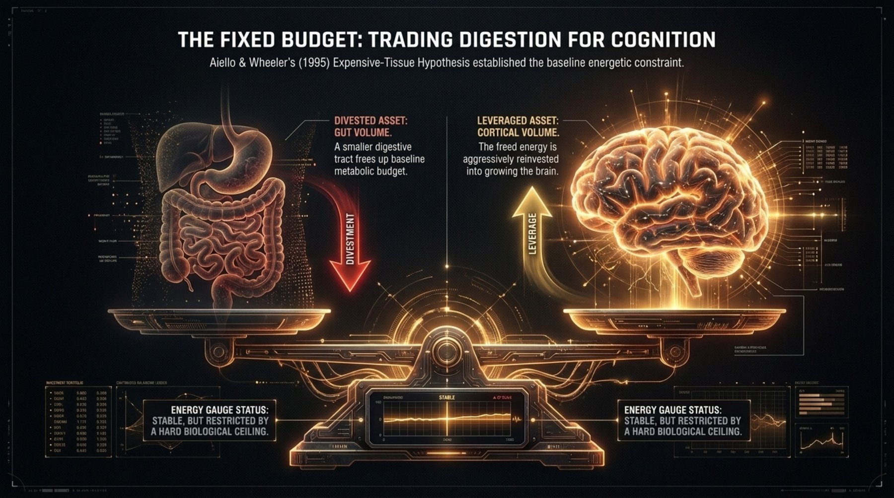 Balance-scale diagram: a digestive tract on one pan labelled 'divested asset: gut volume' and a brain on the other labelled 'leveraged asset: cortical volume'.