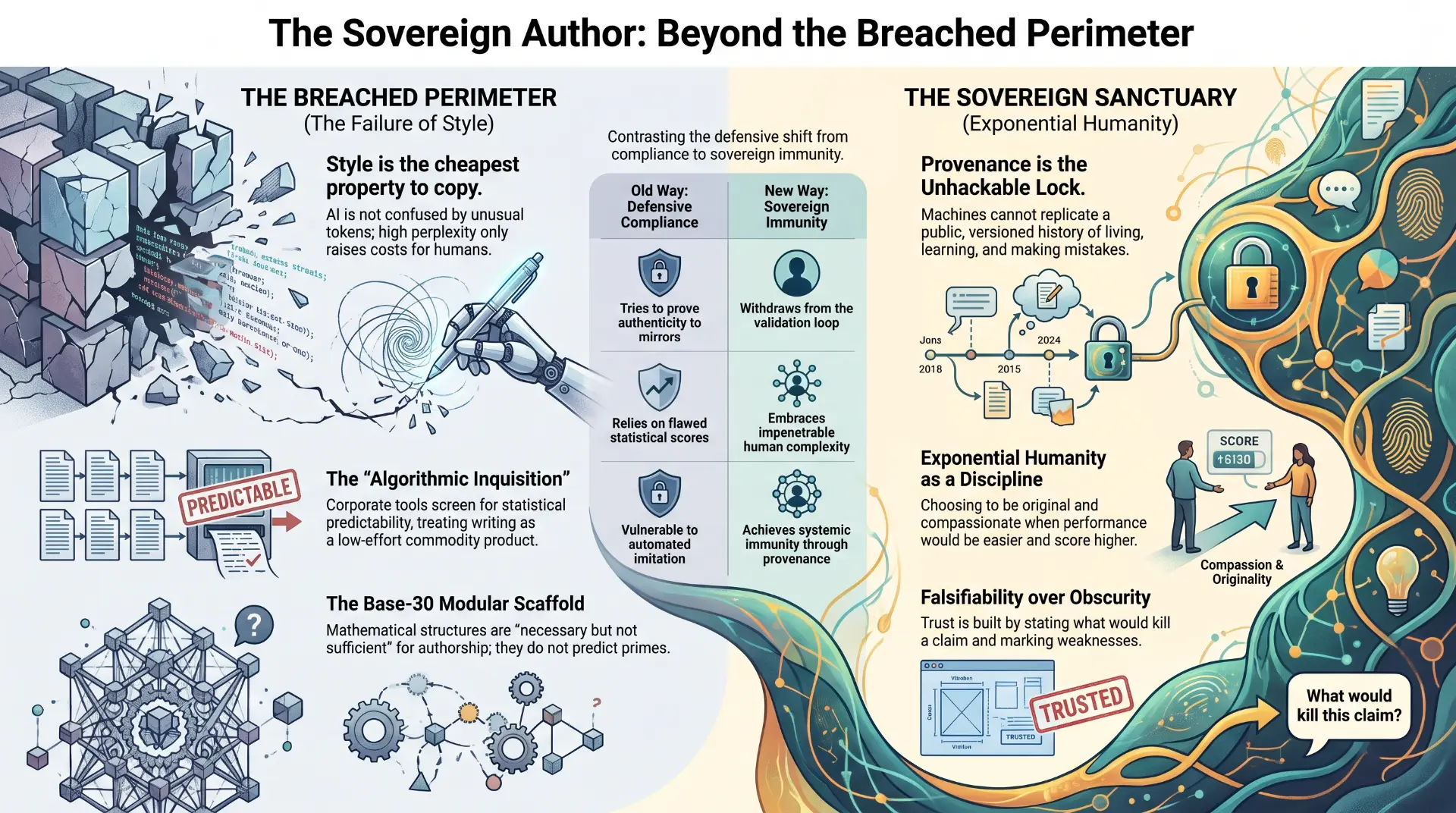 Concept map titled The Sovereign Author: Beyond the Breached Perimeter. The left panel, The Breached Perimeter (the failure of style), covers style as the cheapest property to copy, the algorithmic inquisition screening for statistical predictability, and the base-30 modular scaffold as necessary but not sufficient. The right panel, The Sovereign Sanctuary (exponential humanity), covers provenance as the unhackable lock, exponential humanity as a discipline, and falsifiability over obscurity. A central table contrasts defensive compliance — proving authenticity to mirrors, relying on flawed statistical scores, vulnerable to automated imitation — with sovereign immunity: withdrawing from the validation loop, embracing human complexity, systemic immunity through provenance.