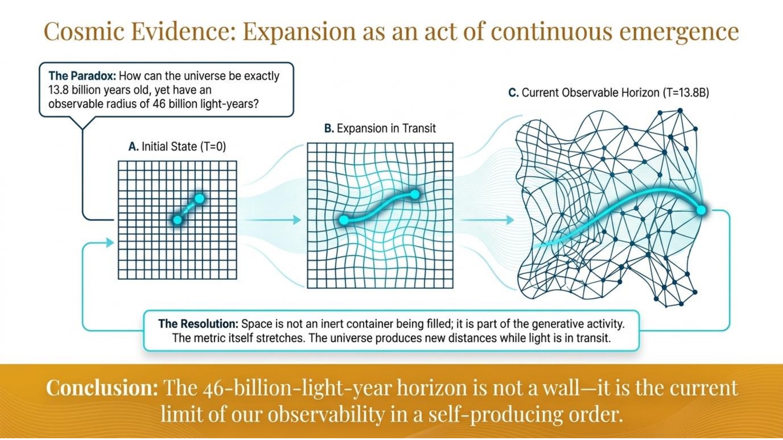 Diagram of light-travel time against present distance, showing a 13.8-billion-year-old universe with a 46-billion-light-year horizon