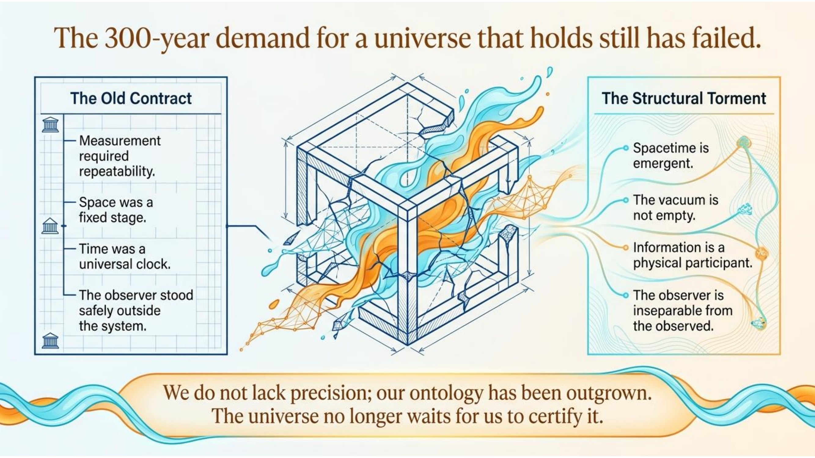 Comparison plate: the old contract of fixed stage and universal clock against an emergent spacetime