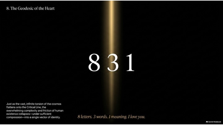 A black slide with the numerals 831 in white against a vertical column of gold light, captioned: 8 letters. 3 words. 1 meaning. I love you.