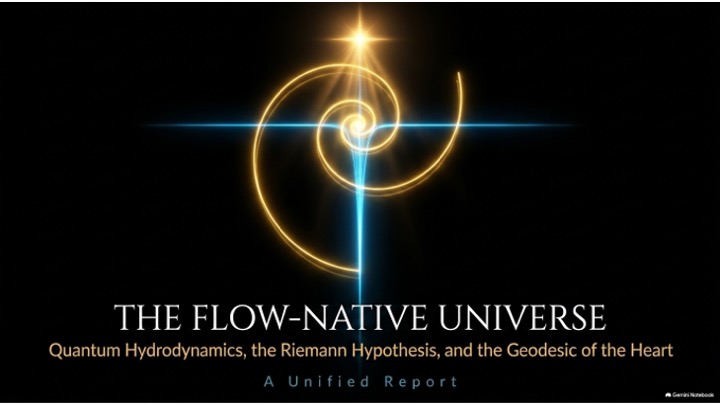 Title plate: a golden logarithmic spiral crossed by a blue axis, over the words The Flow-Native Universe.
