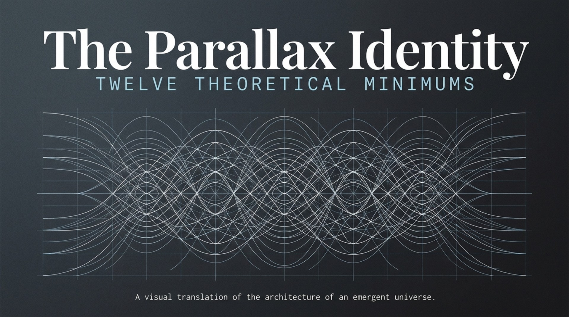 Title plate: The Parallax Identity, Twelve Theoretical Minimums, over a geometric drawing of intersecting wave patterns on a grid.