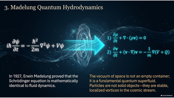 The Schrödinger equation on the left, an arrow through a luminous vortex, and the two Madelung hydrodynamic equations on the right.