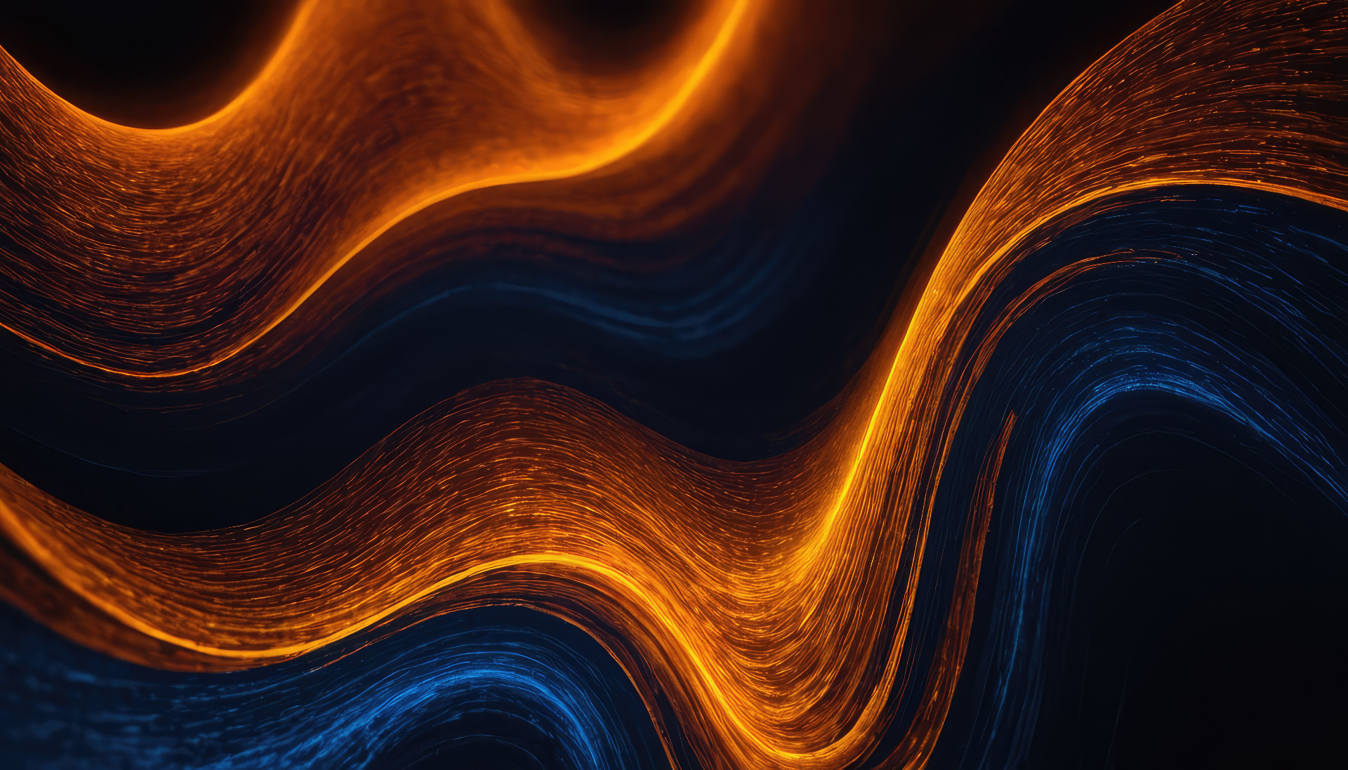 Orange and deep-blue waves interlocking against black — heat and coolness in the same field, the aesthetic of imperfect motion instead of static perfection.