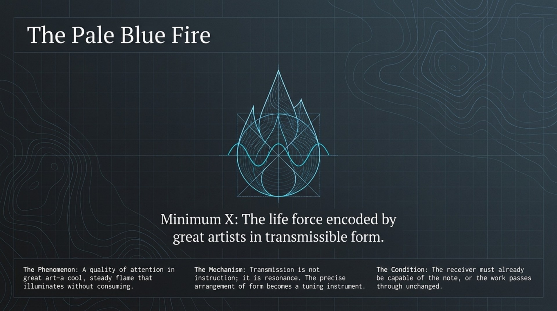 Stylized flame composed of geometric lines and a sine wave, illustrating transmission by resonance rather than instruction.