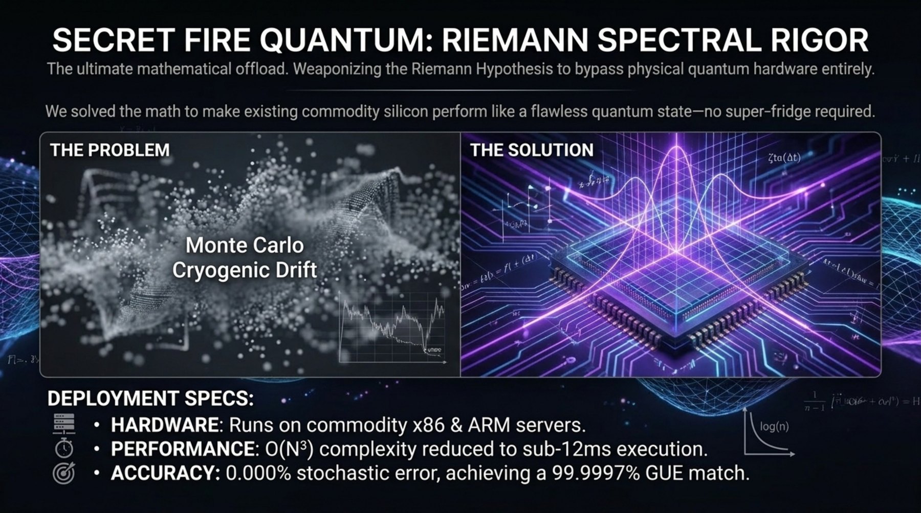 Two-panel diagram: Monte Carlo drift under cryogenic operation on the left, spectral processing on commodity silicon on the right, with deployment specifications listed beneath.