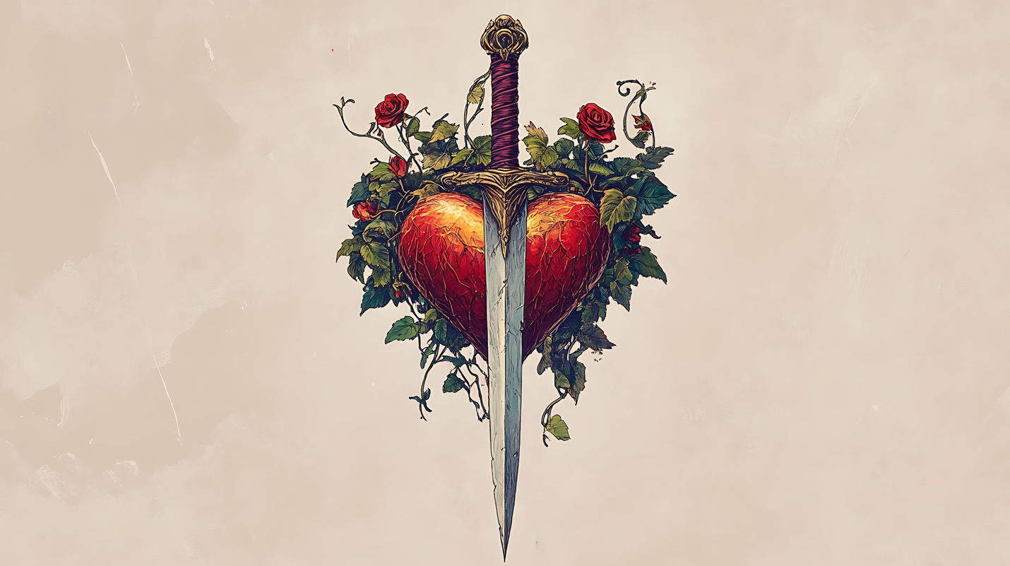 A heart with a sword and flowers — the bow and the wound.