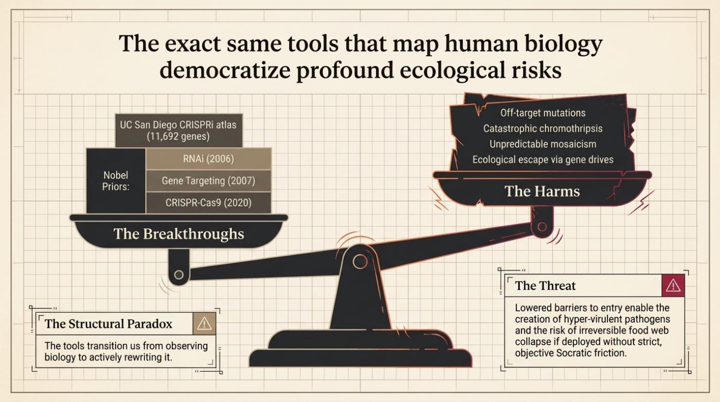 Dual use: the same tools that map human biology lower the barrier to engineering it.