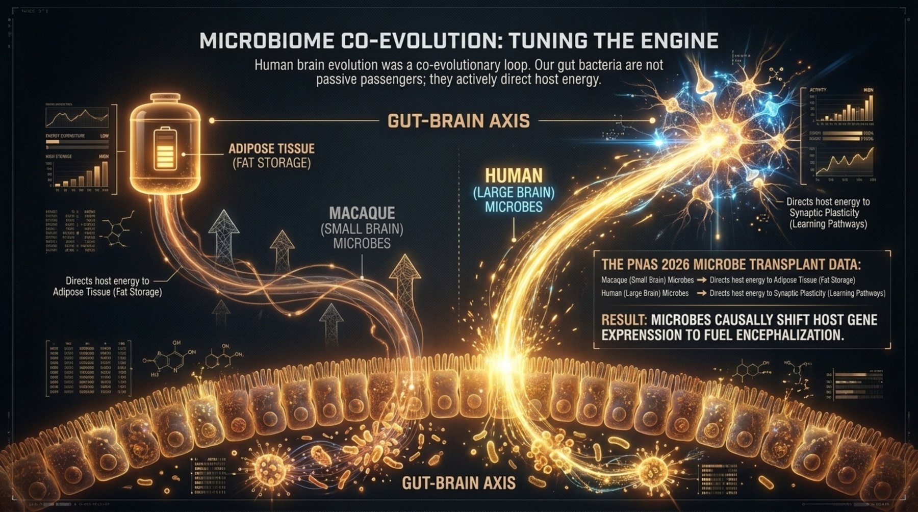 Gut–brain axis diagram contrasting macaque microbes directing host energy to fat storage with human microbes directing energy toward synaptic plasticity.