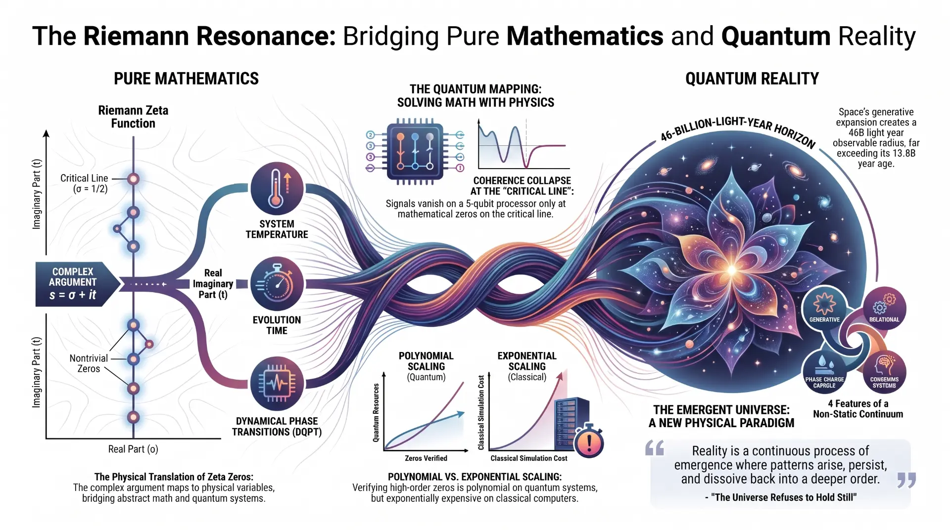 Diagram bridging the Riemann zeta function's critical line and nontrivial zeros to quantum variables — system temperature, evolution time, dynamical phase transitions — and to the emergent universe's 46-billion-light-year horizon