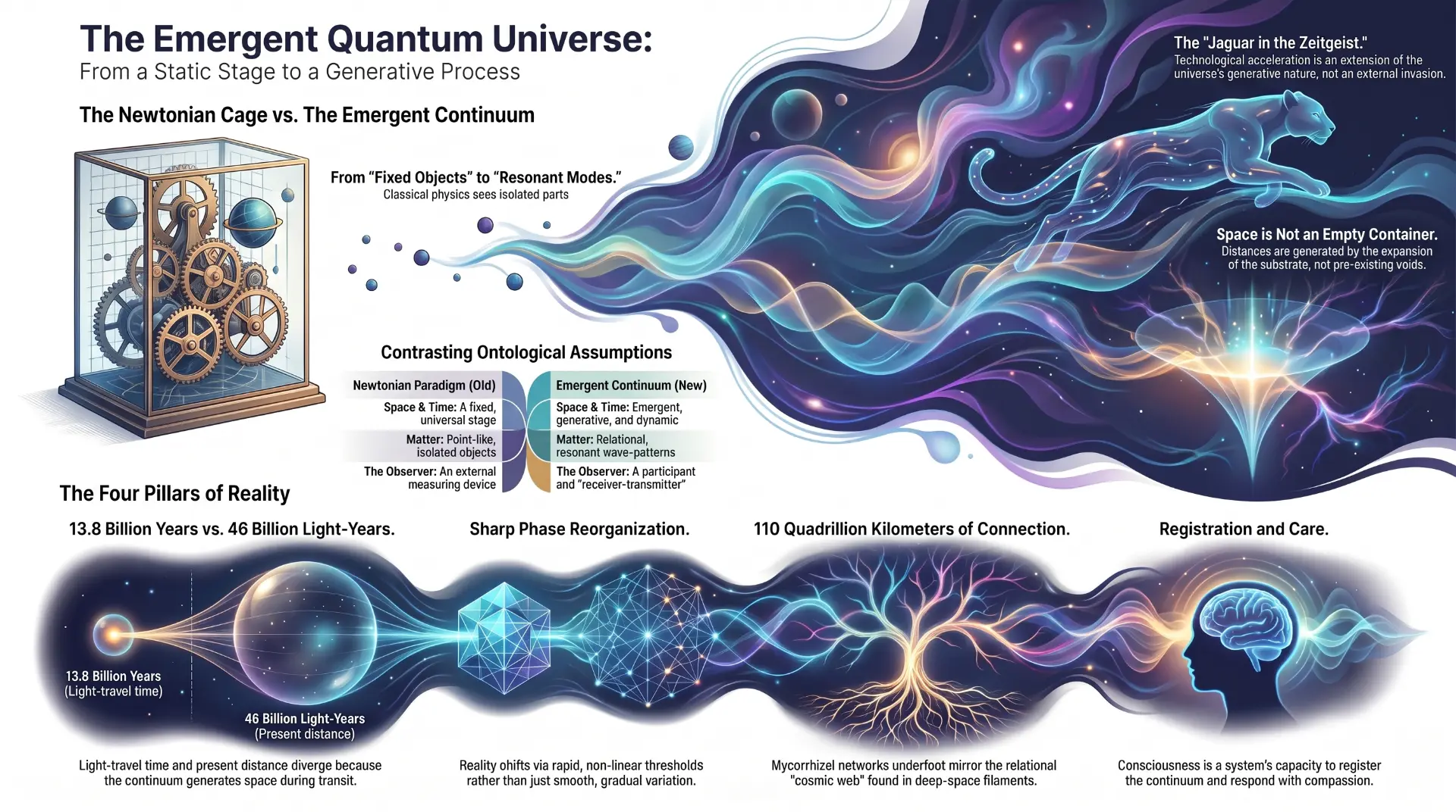 Infographic contrasting the Newtonian cage with the emergent continuum, with the four pillars of reality across the lower band