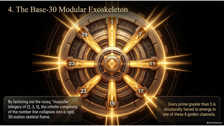 A golden radial mechanism with eight labelled spokes bearing the numbers 1, 7, 11, 13, 17, 19, 23, 29.