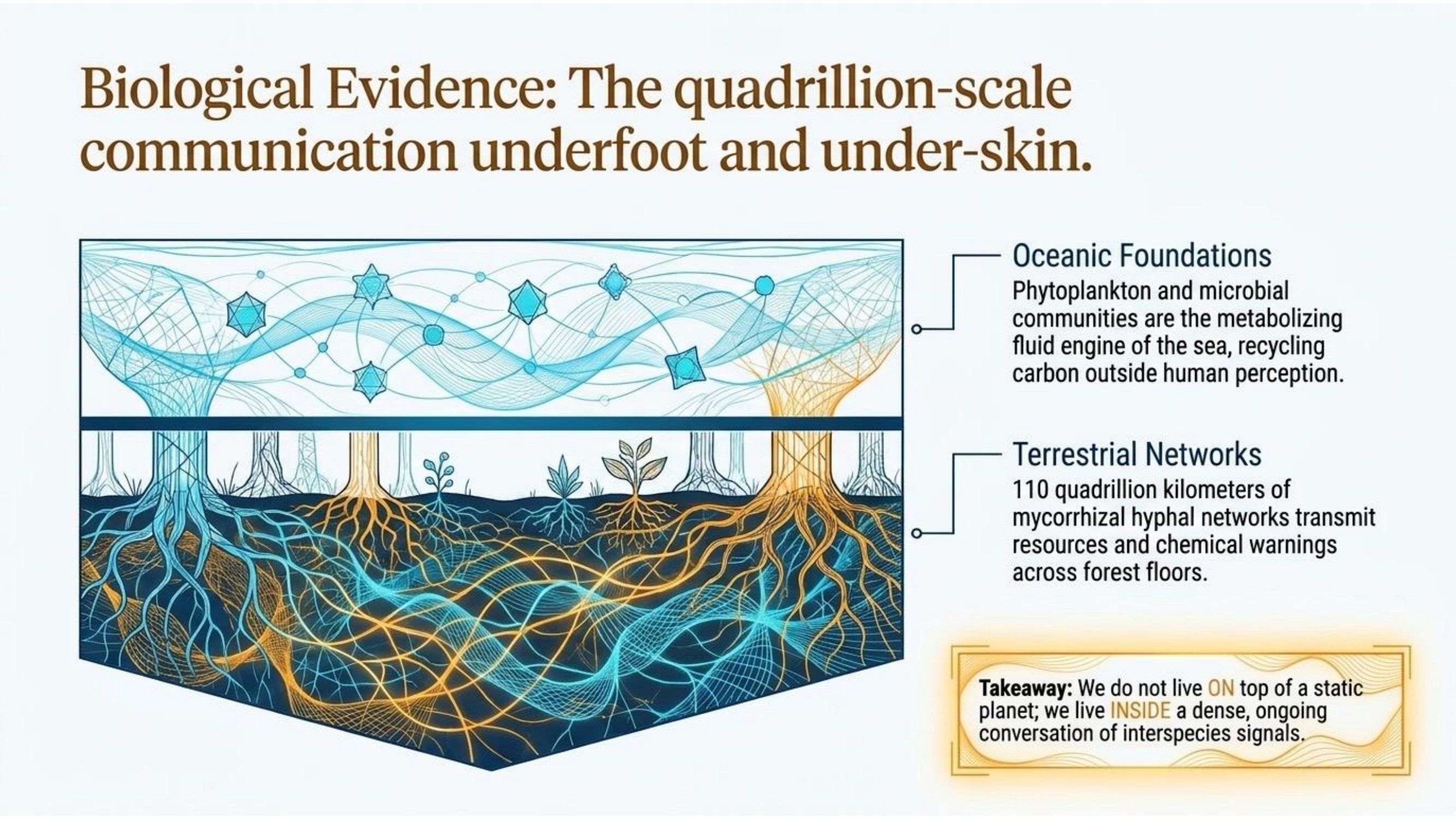 Plate of oceanic microbial foundations and terrestrial mycorrhizal networks at quadrillion scale
