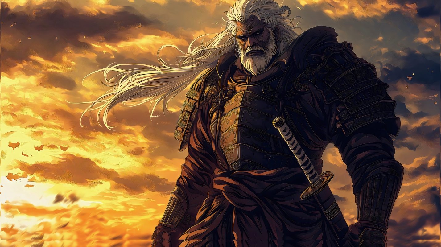 A figure with long white hair and a sword — the wanderer archetype.