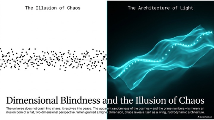 Split plate: on the left a flat scatter of black dots labelled The Illusion of Chaos; on the right a luminous wave surface labelled The Architecture of Light.