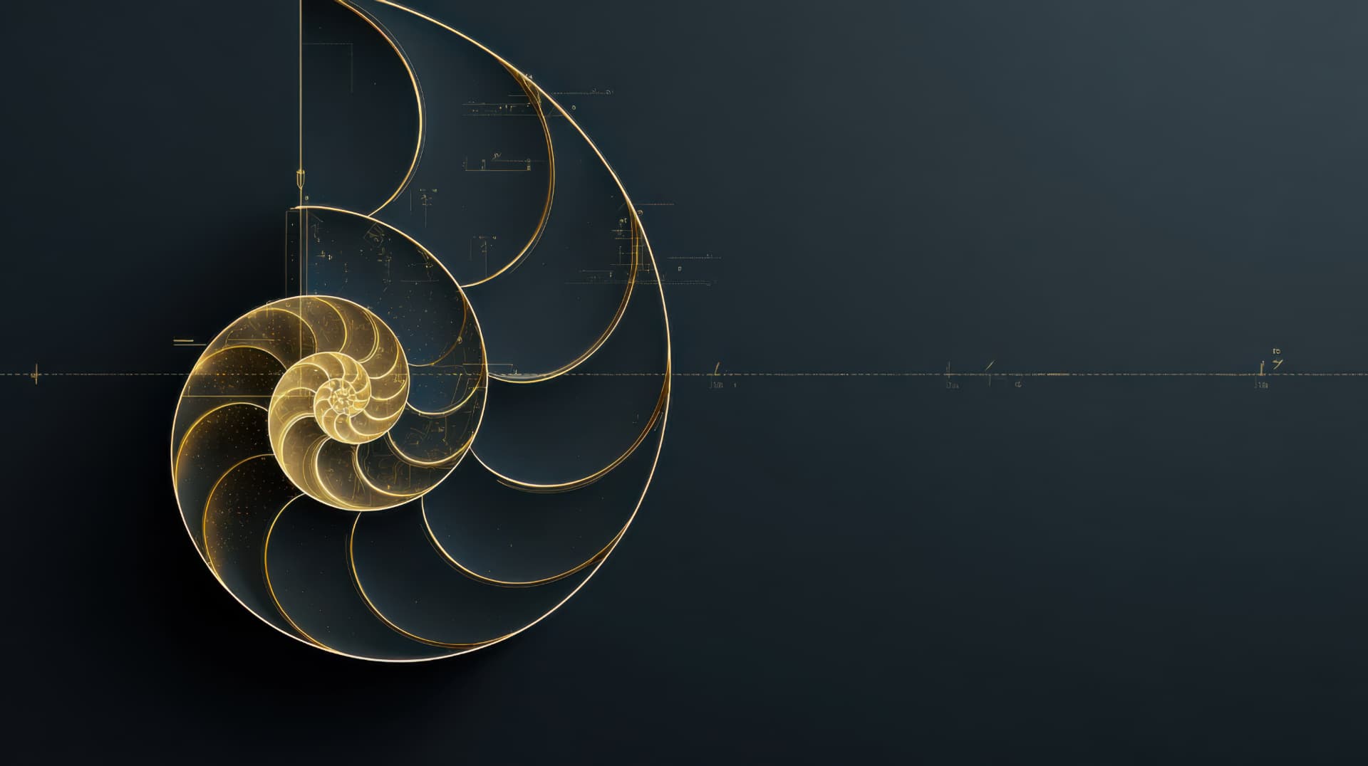 A luminous golden nautilus spiral opening into geometric arcs and mathematical notation across a dark field.