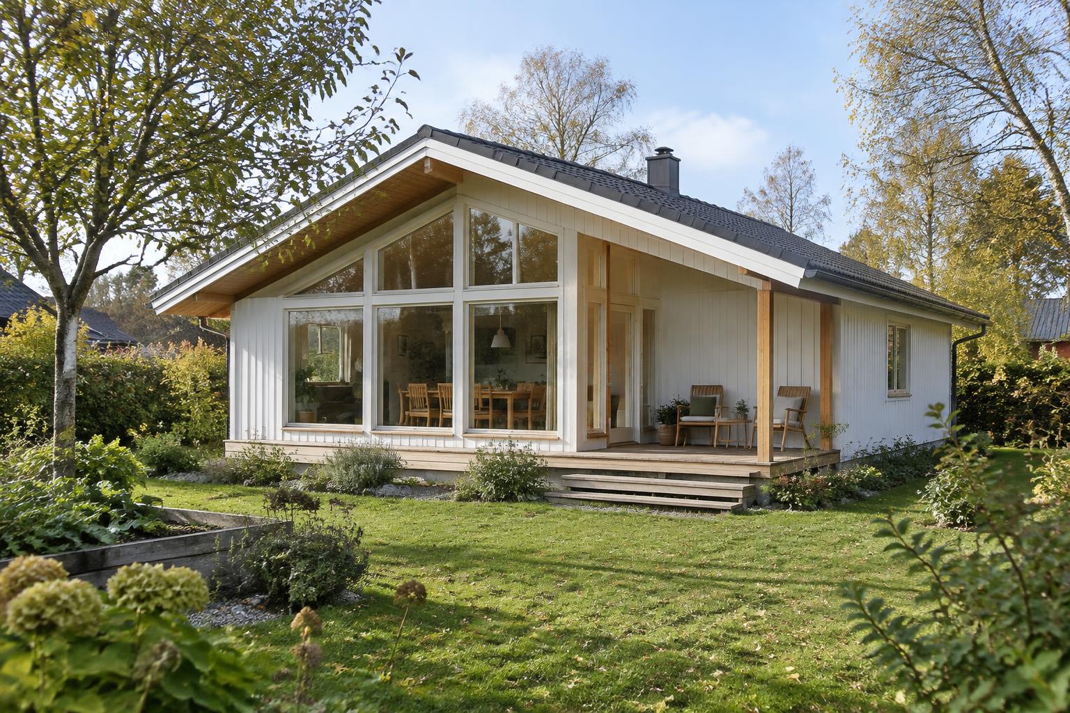 Generated illustration of a modest timber house with large windows, a covered porch, and a garden in autumn daylight.