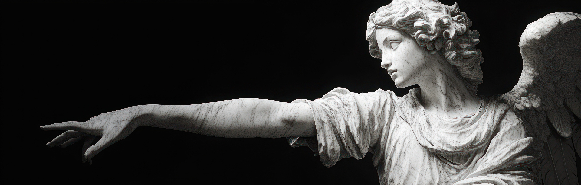 A marble angel carved in white stone against blackness, one arm fully extended, index finger pointing beyond the frame — a messenger indicating something it does not itself enter.