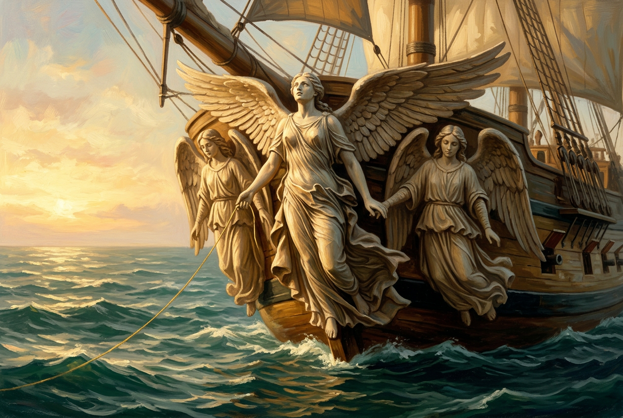 Winged Victory carved as a ship's figurehead, flanked by angels, a golden thread running from her hand over the waves