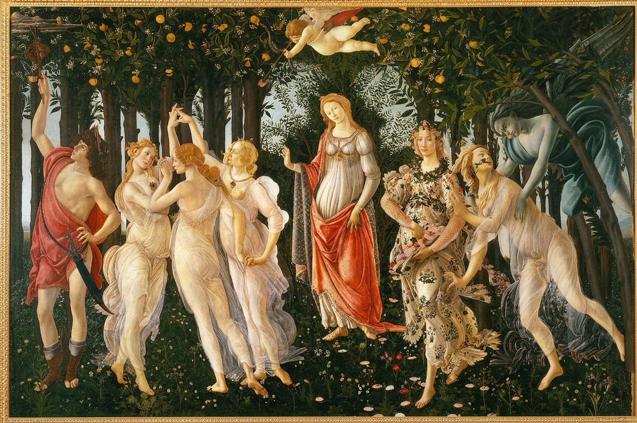 Botticelli's Primavera: Venus at the centre of a dark orange grove, the three Graces dancing at the left, Mercury reaching into the branches, Flora scattering flowers, and a winged Zephyr at the right edge.