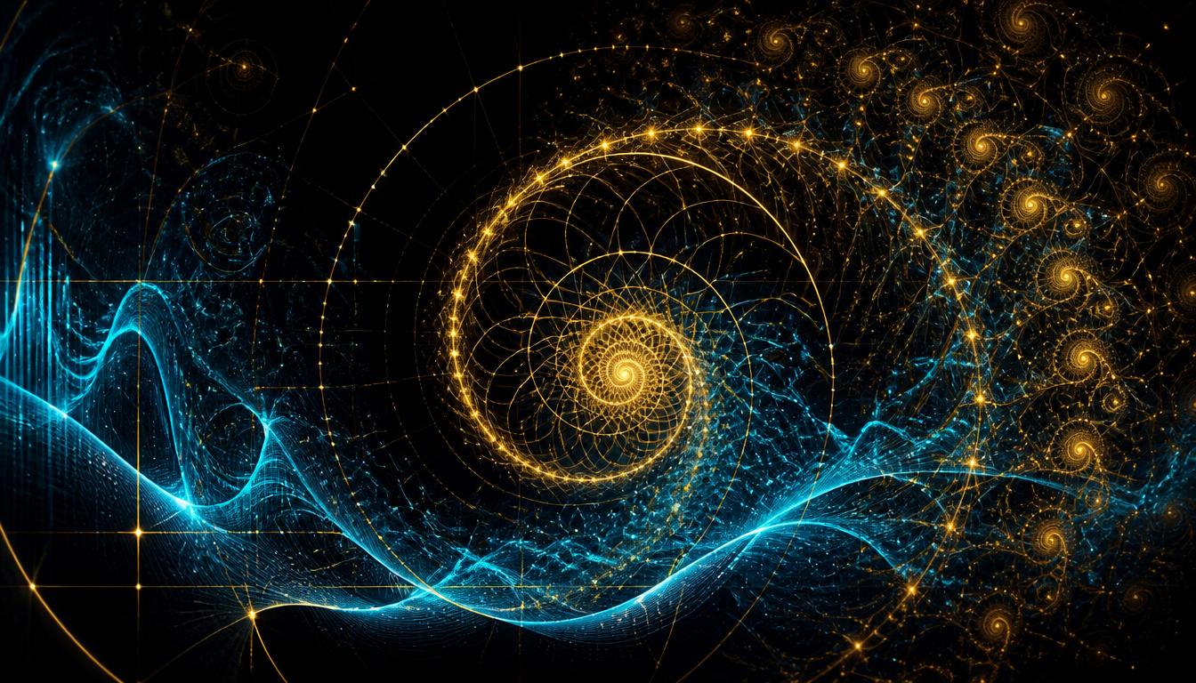 Cover art for The Boundless Architecture: a luminous golden-mean spiral unfolding into a fractal infinite lattice with quantum wave interference in cyan and amber on a dark field.
