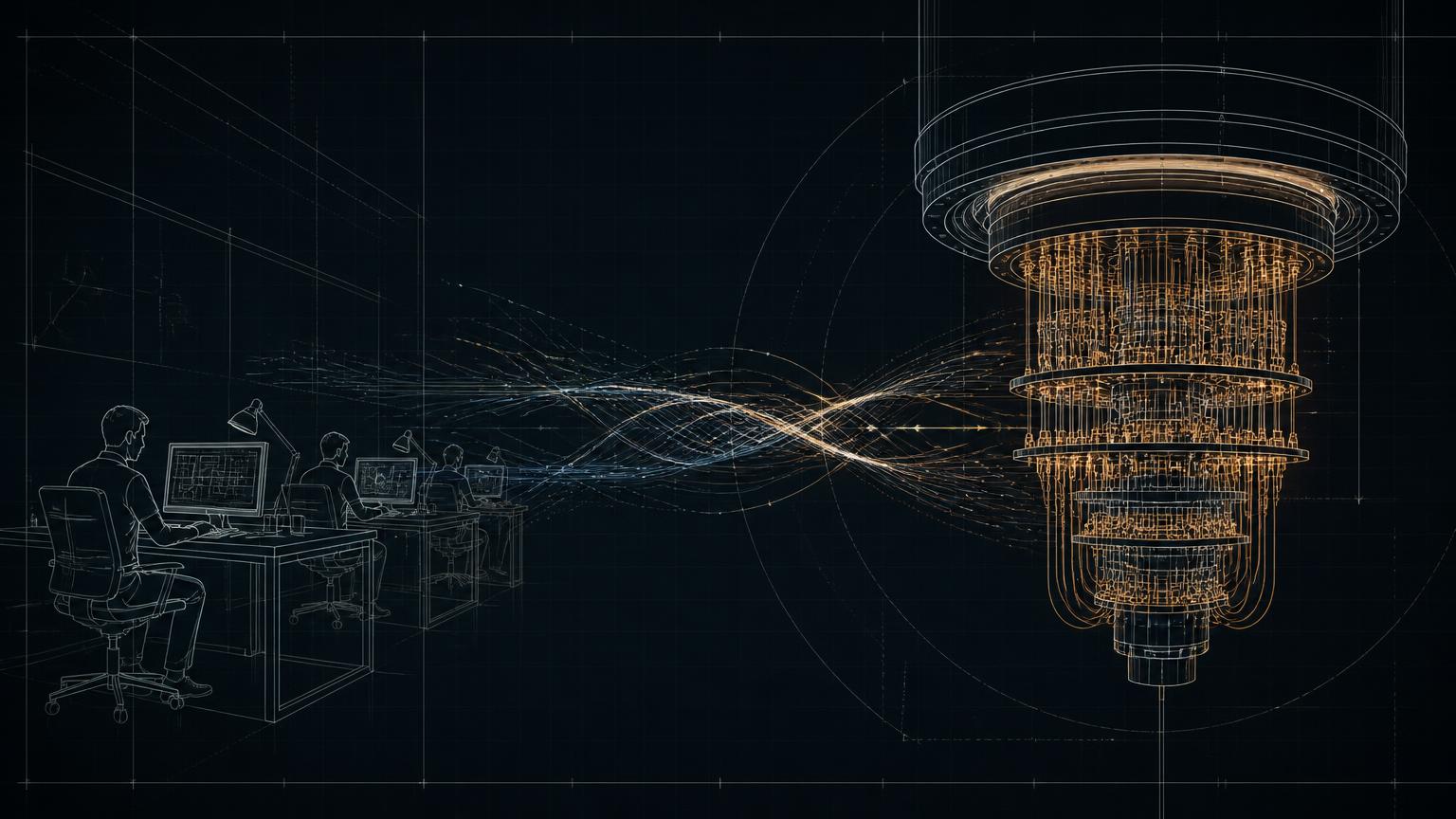 Schematic illustration of citizen scientists at classical digital workstations exchanging measurement data along a braided pathway with a cryogenic quantum computer