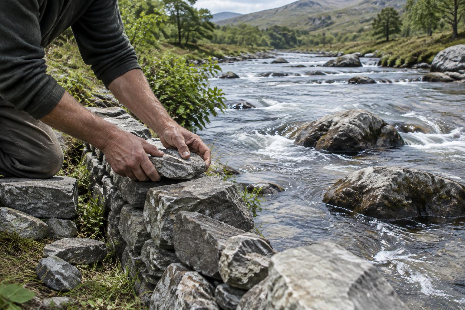 Hands fitting a stone into an unfinished wall beside a flowing river.