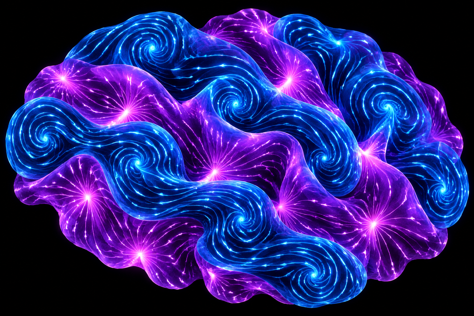 Two interleaved luminous membrane sheets intricately folded into cortex-like ridges and valleys: a blue sheet carrying curling, rotational flow and a violet-magenta sheet carrying spreading and converging flow, glowing where they meet