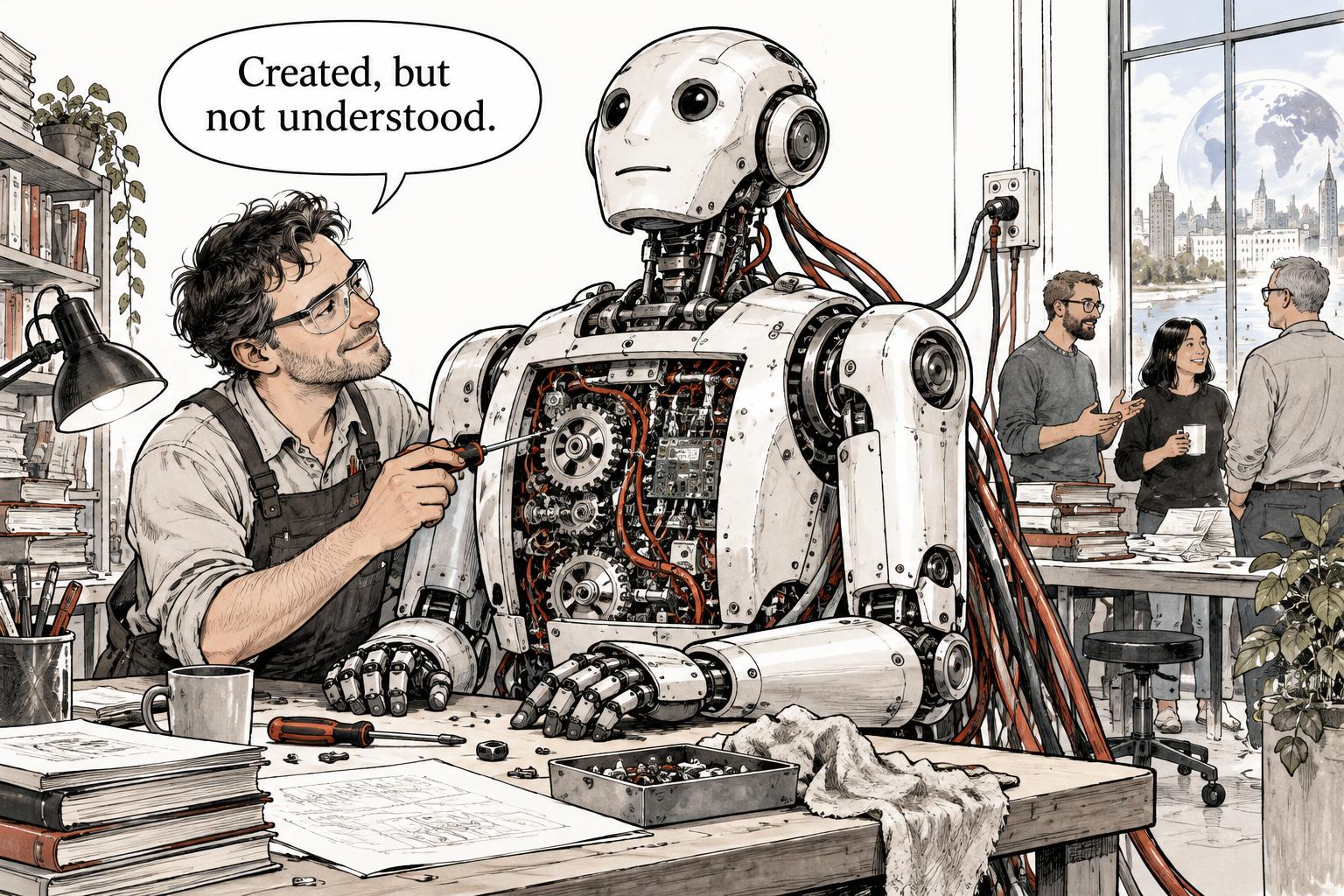 An engineer assembling a robot declares, “Created, but not understood.”
