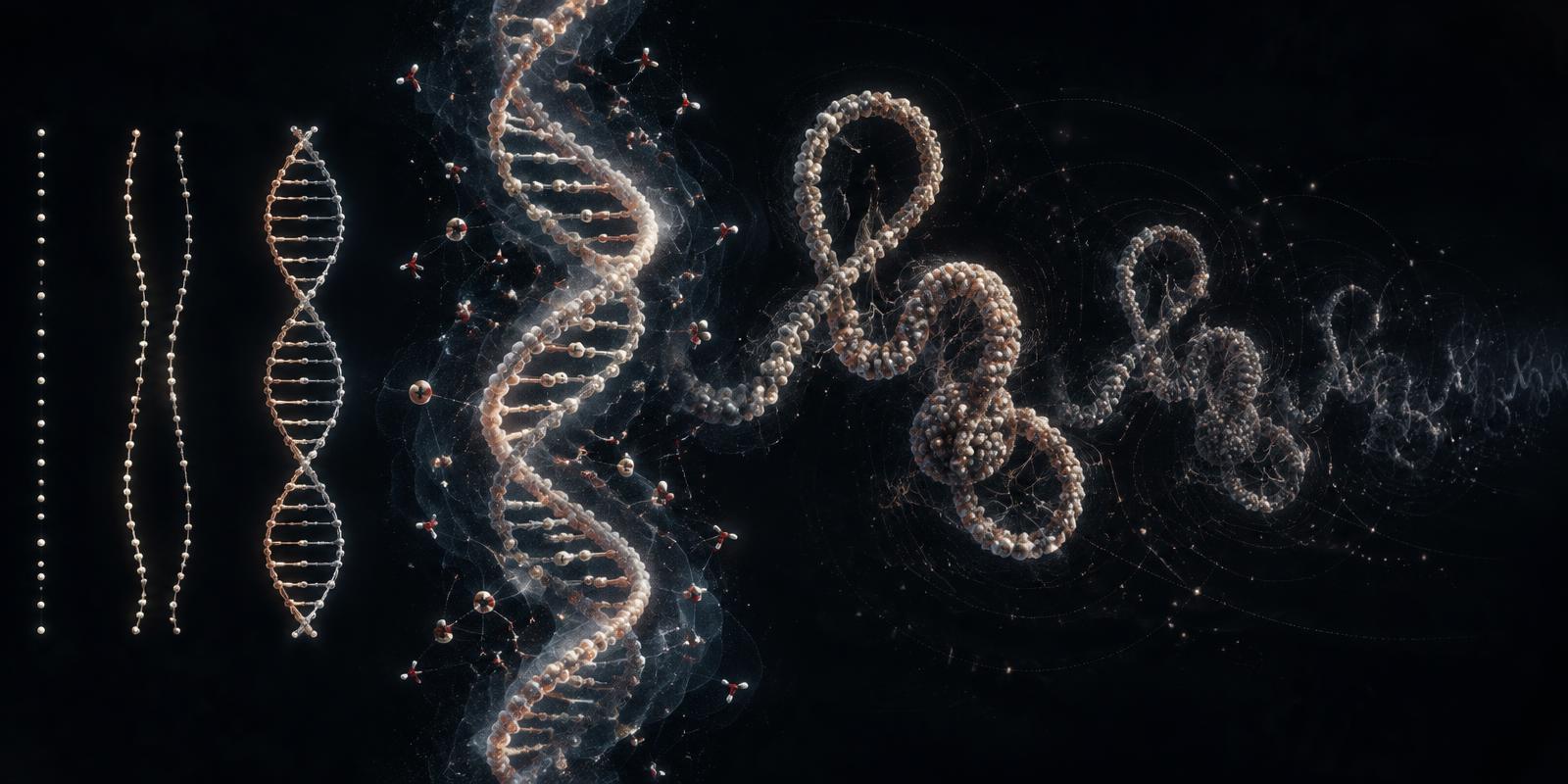 The molecule across dimensions: string, pairing, charged helix in water, folds, and fading copies in time