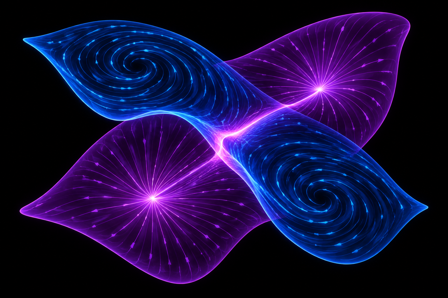 Two interleaved luminous membrane sheets: a blue sheet carrying curling, rotational flow and a violet sheet carrying spreading and converging flow, deforming one another where they meet