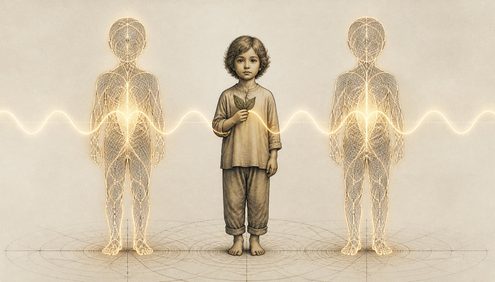 A child standing in balanced posture holding a leaf, flanked at equal scale by two lattice-drawn machine counterparts, with one continuous wave line passing through all three
